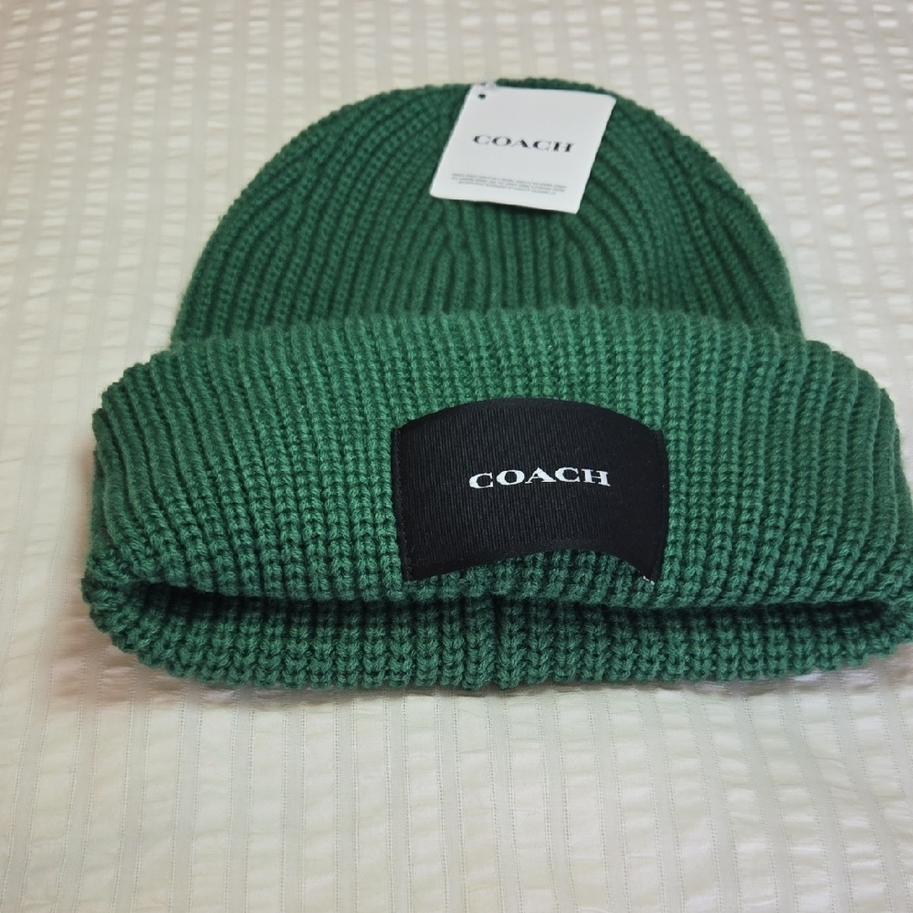 Nwt Coach Woven Patch Beanie Hunter Green Wool Blend Unisex